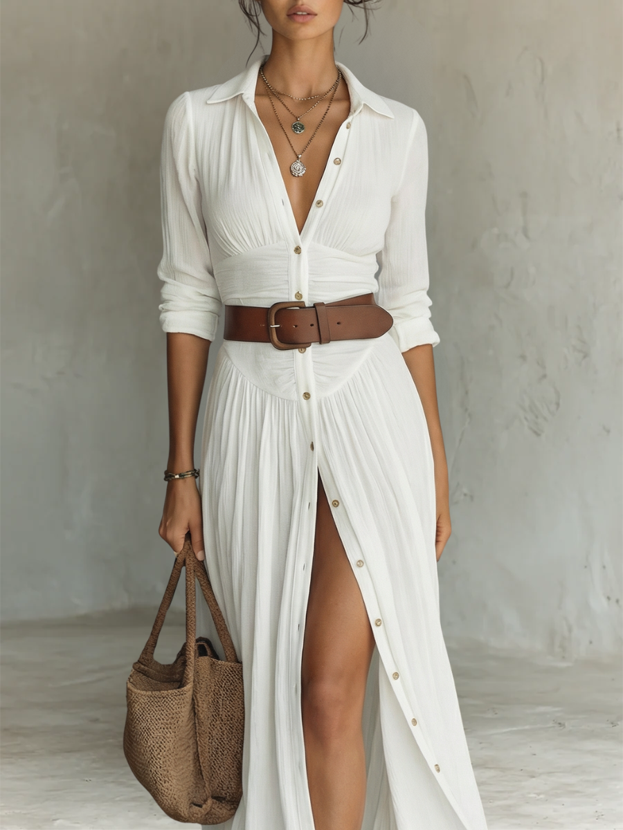 Abito Maxi Lungo con Collo a Revers e Maniche Lunghe in Lino per Donna