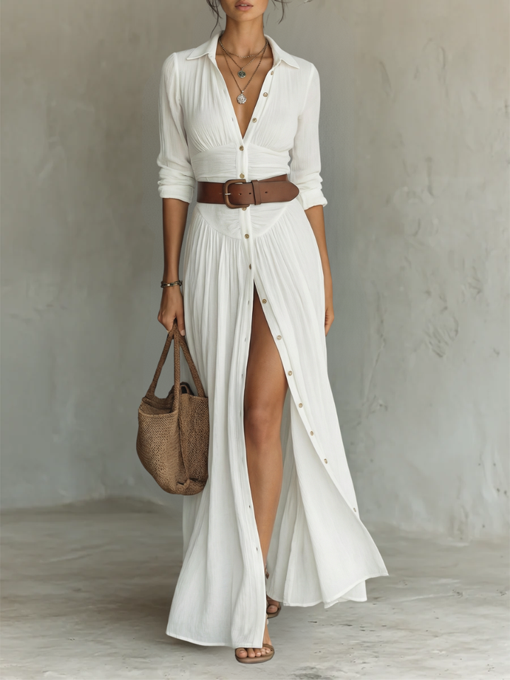 Abito Maxi Lungo con Collo a Revers e Maniche Lunghe in Lino per Donna