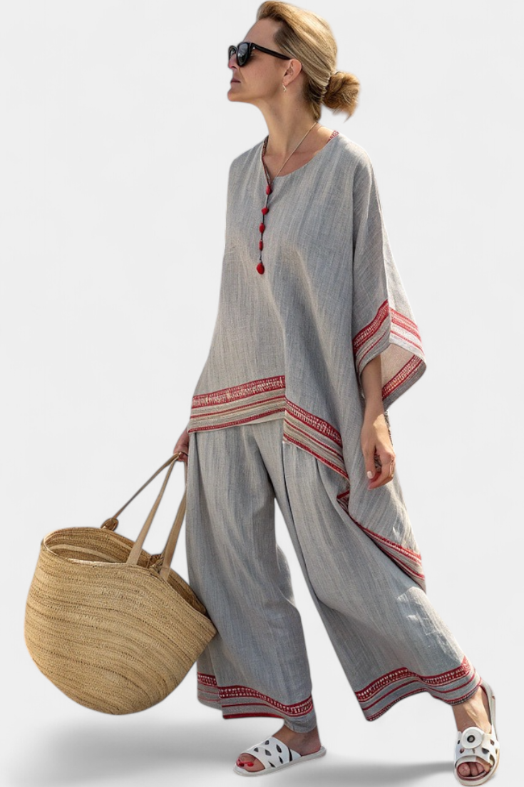 Rossella – blusa asimmetrica sofisticata e pantaloni etnici a gamba larga