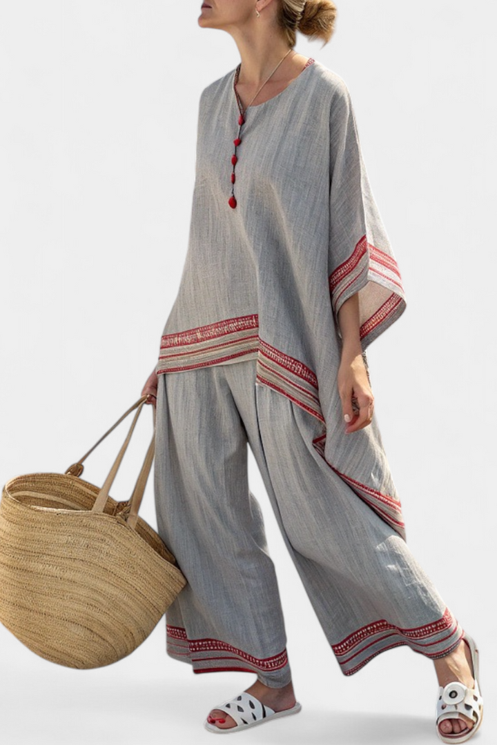 Rossella – blusa asimmetrica sofisticata e pantaloni etnici a gamba larga