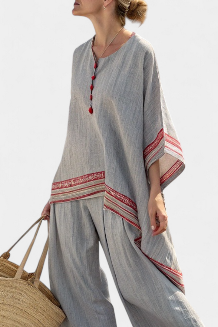 Rossella – blusa asimmetrica sofisticata e pantaloni etnici a gamba larga