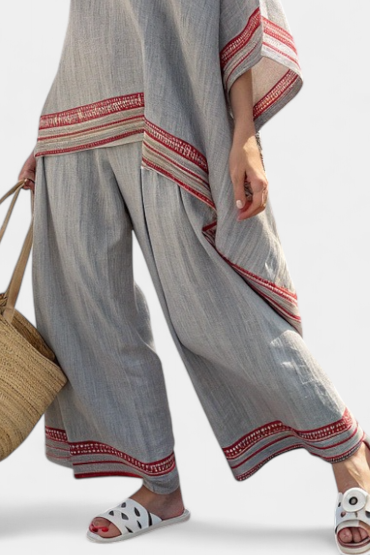 Rossella – blusa asimmetrica sofisticata e pantaloni etnici a gamba larga