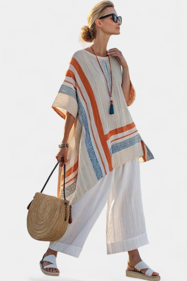 Loredana – blusa asimmetrica sofisticata e pantaloni in lino a gamba larga