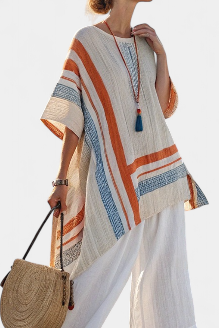 Loredana – blusa asimmetrica sofisticata e pantaloni in lino a gamba larga