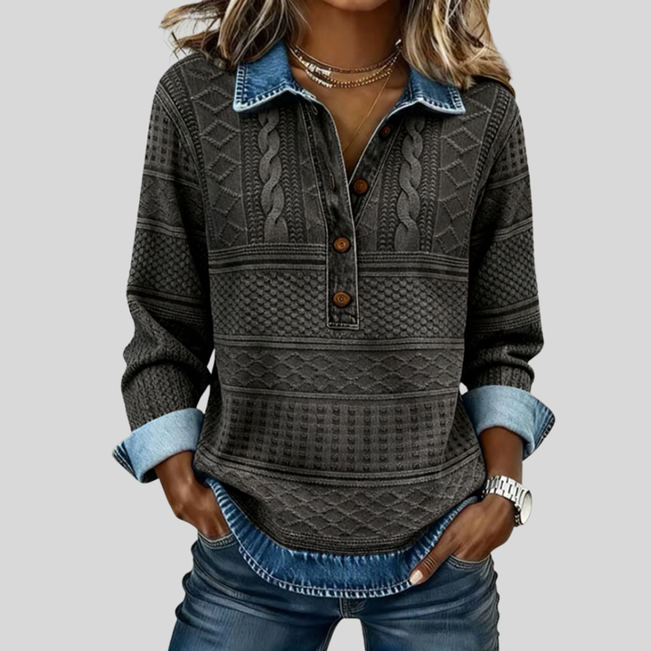 SOFIA – Felpa in Maglia Intrecciata con Dettagli in Denim