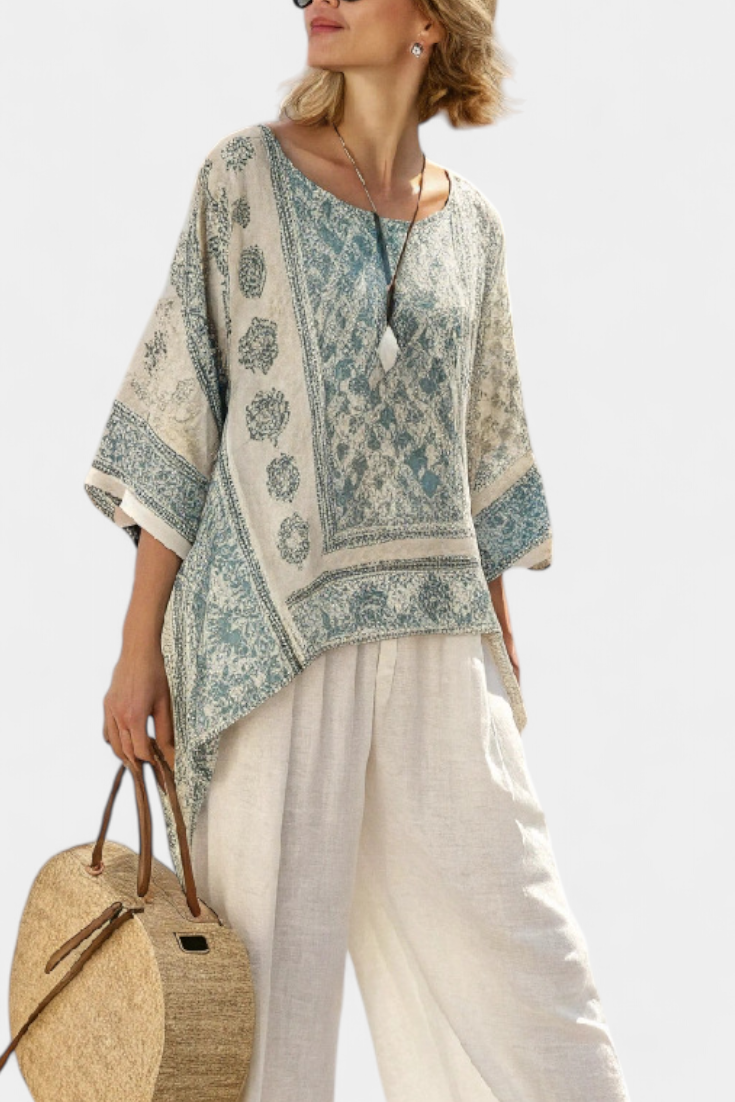 Annalisa – blusa stampata comoda e pantaloni bianchi a gamba larga