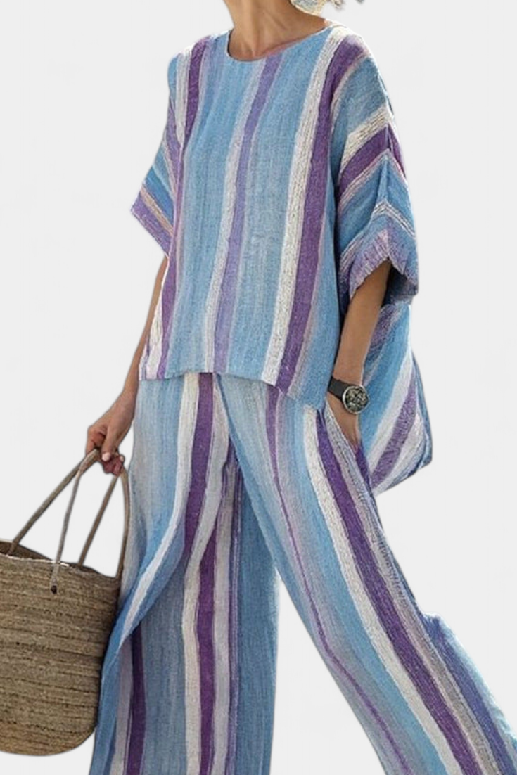 Ginevra – top pastello mauve elegante e pantaloni in lino a righe